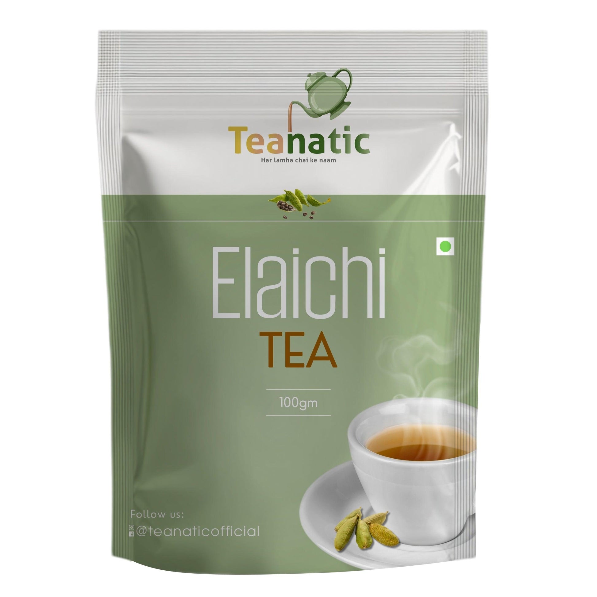 Teanatic elaichi tea 100g pouch with steaming cup of cardamom flavored tea and cardamom pods