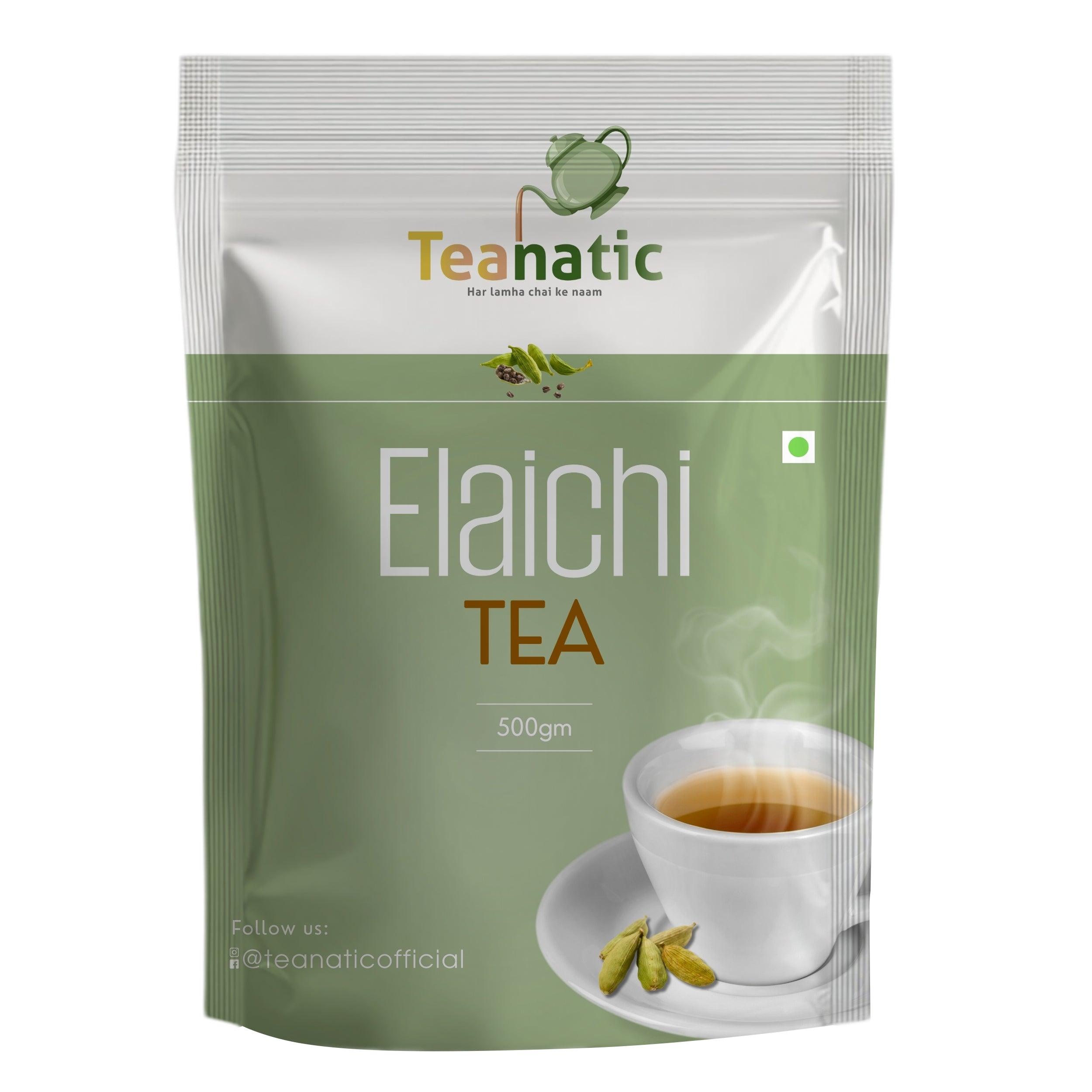 Teanatic Elaichi tea 500gm pack with cardamom flavor and steaming cup of tea on a saucer