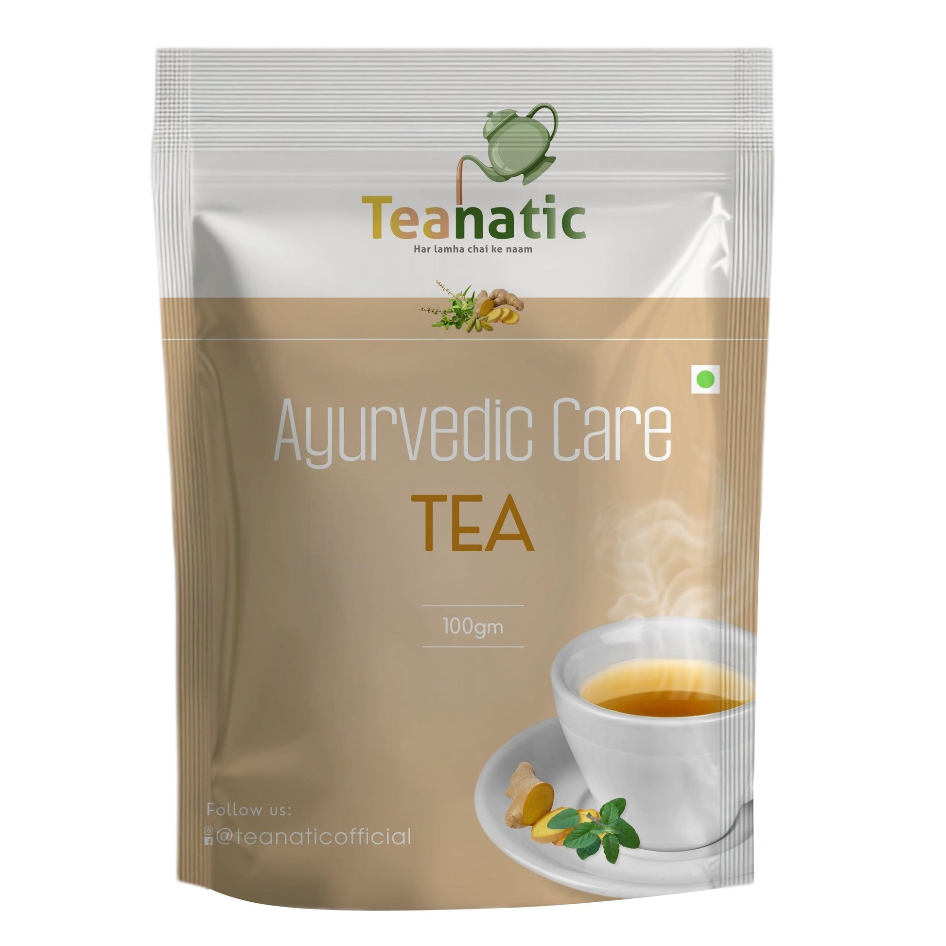 Teanatic Ayurvedic care tea 100gm pouch with cup of steaming herbal tea and fresh ingredients