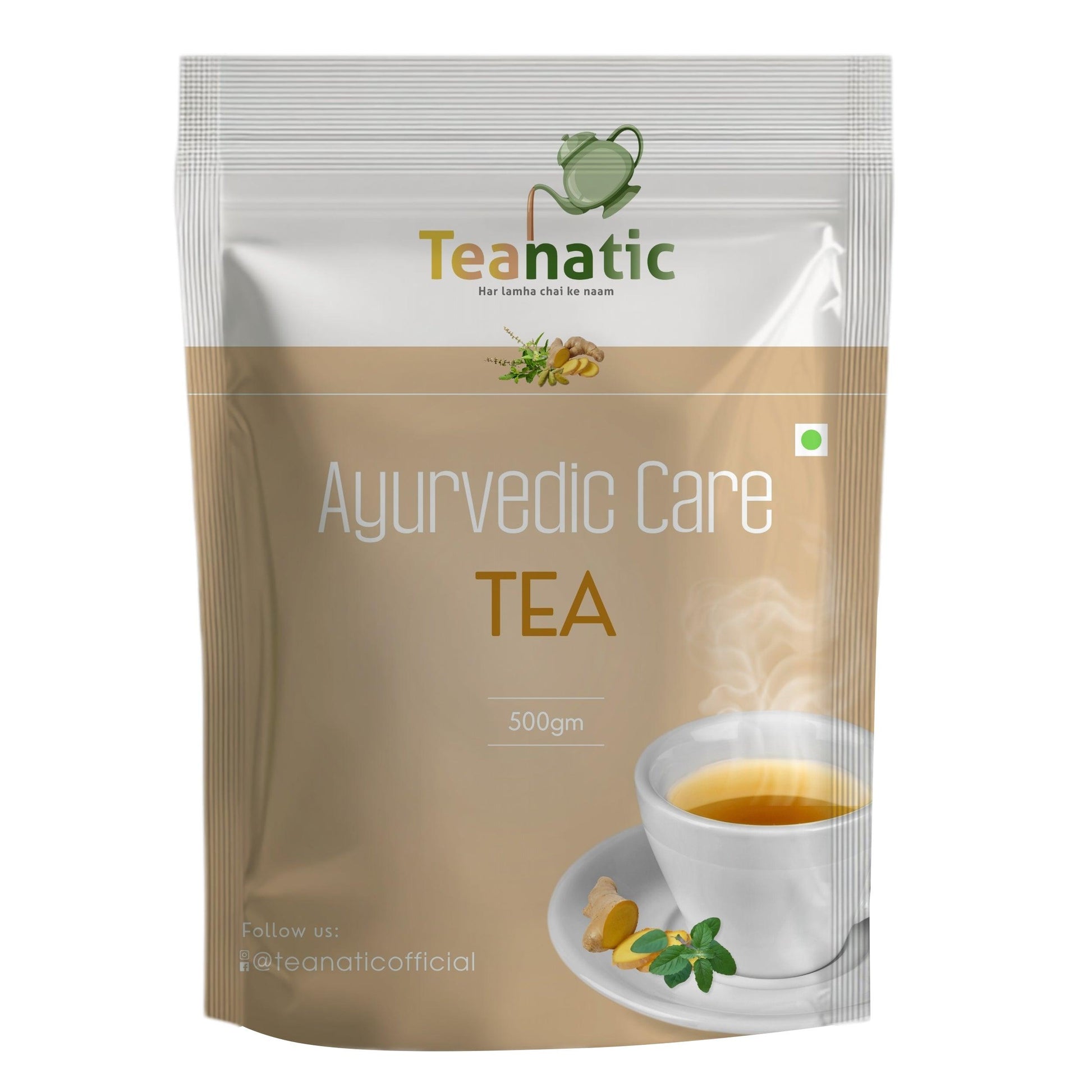 Teanatic Ayurvedic care tea 500gm pouch with a cup of steaming herbal tea and natural ingredients