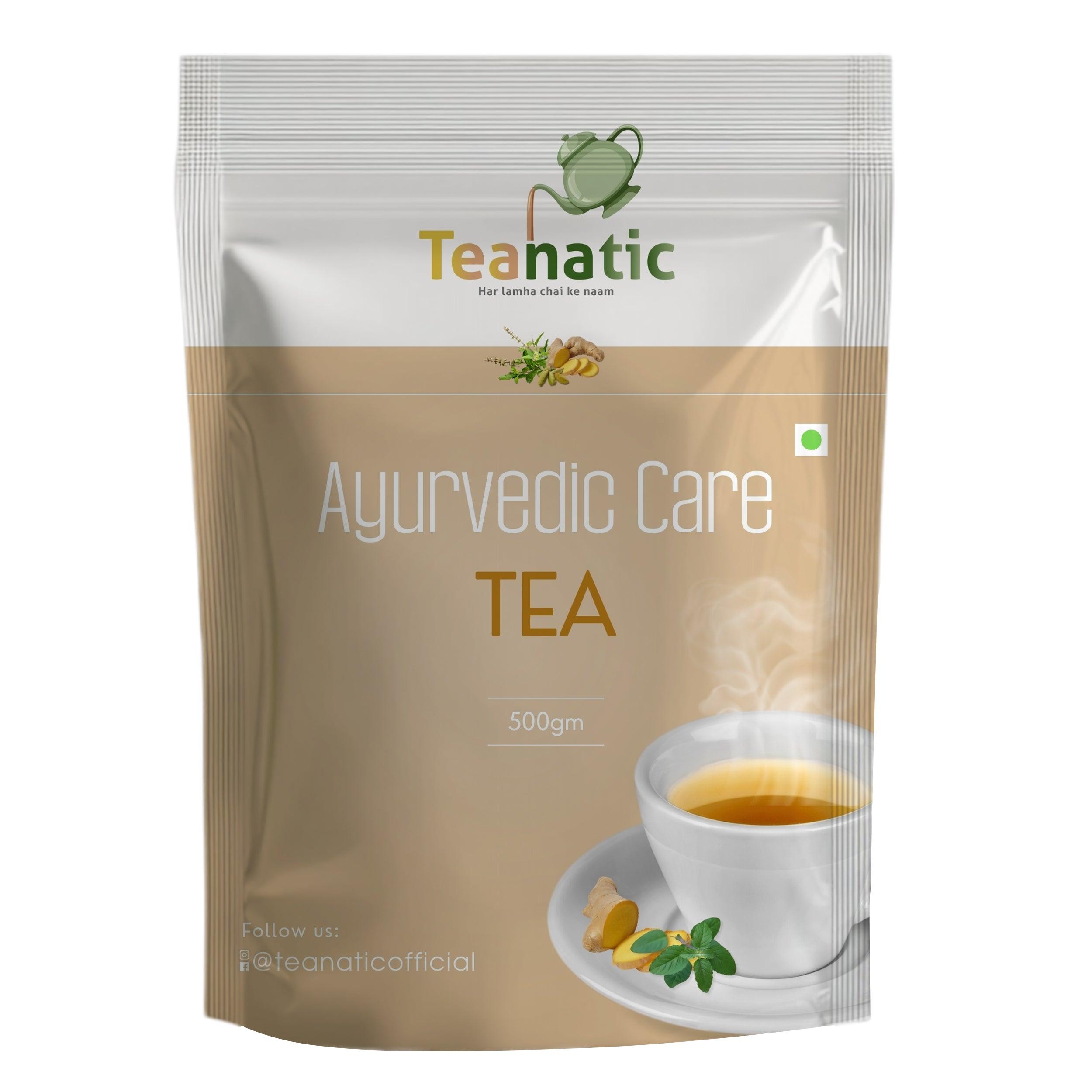 Teanatic Ayurvedic care tea 500gm pouch with a cup of steaming herbal tea and natural ingredients