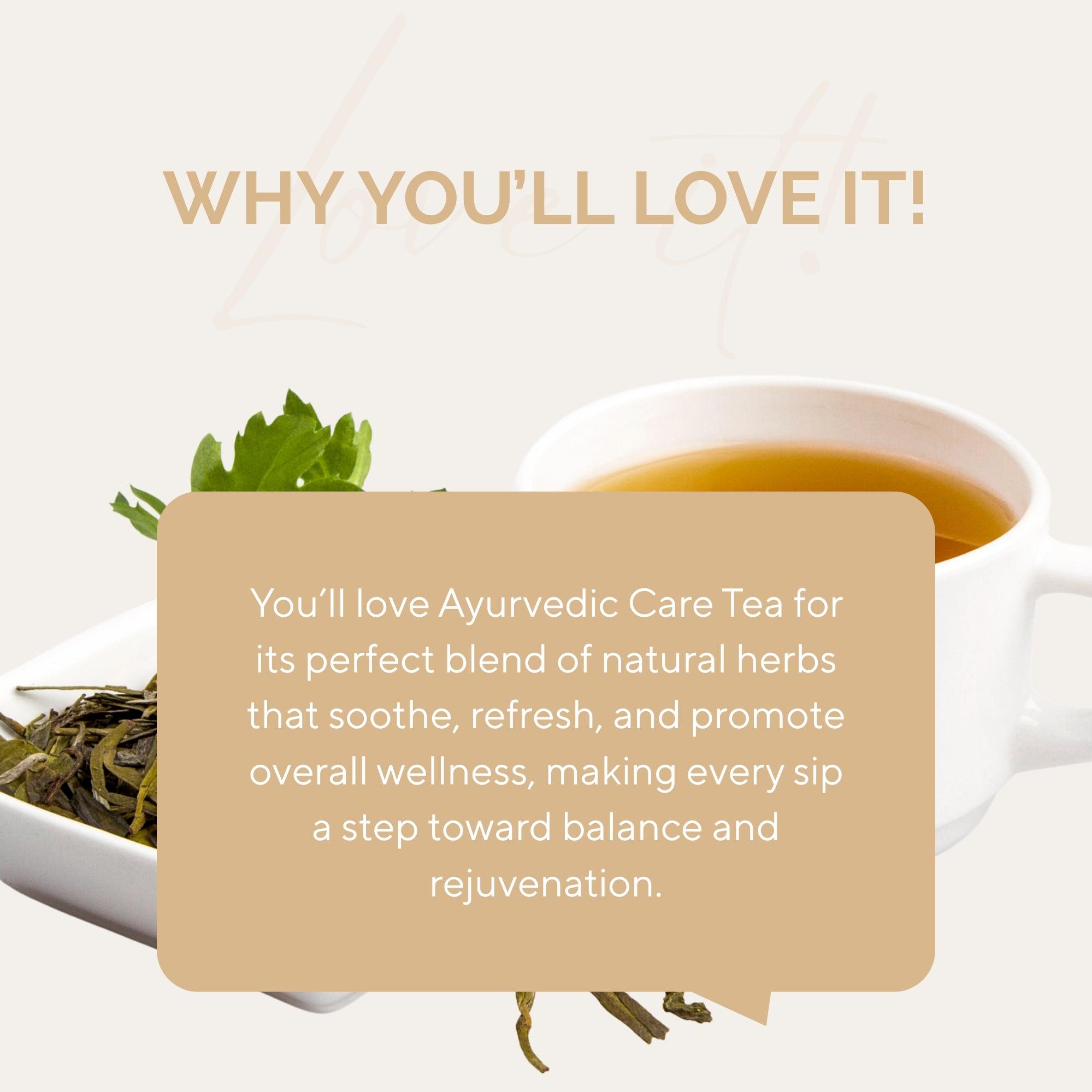 Teanatic ayurvedic care tea cup with herbal leaves highlighting natural wellness blend