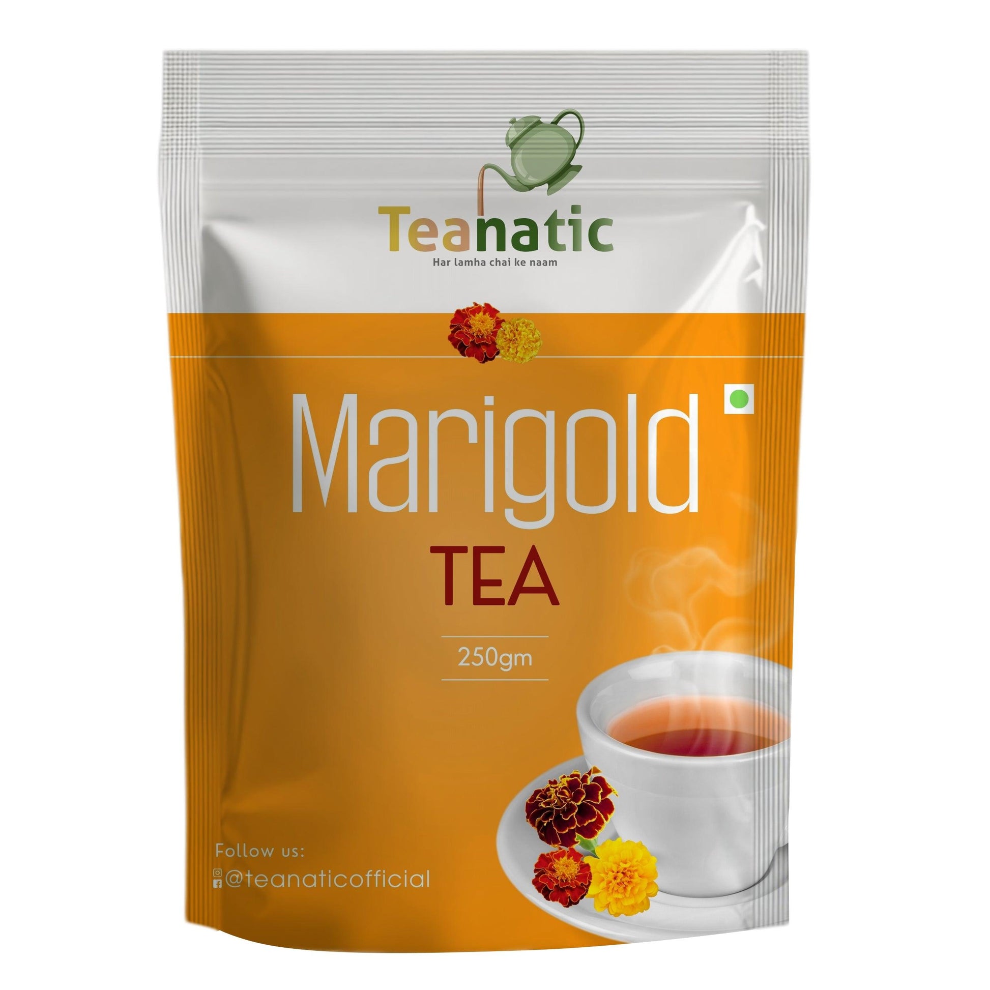 Teanatic Marigold Tea 250gm pouch with steaming cup and marigold flowers buy marigold tea online