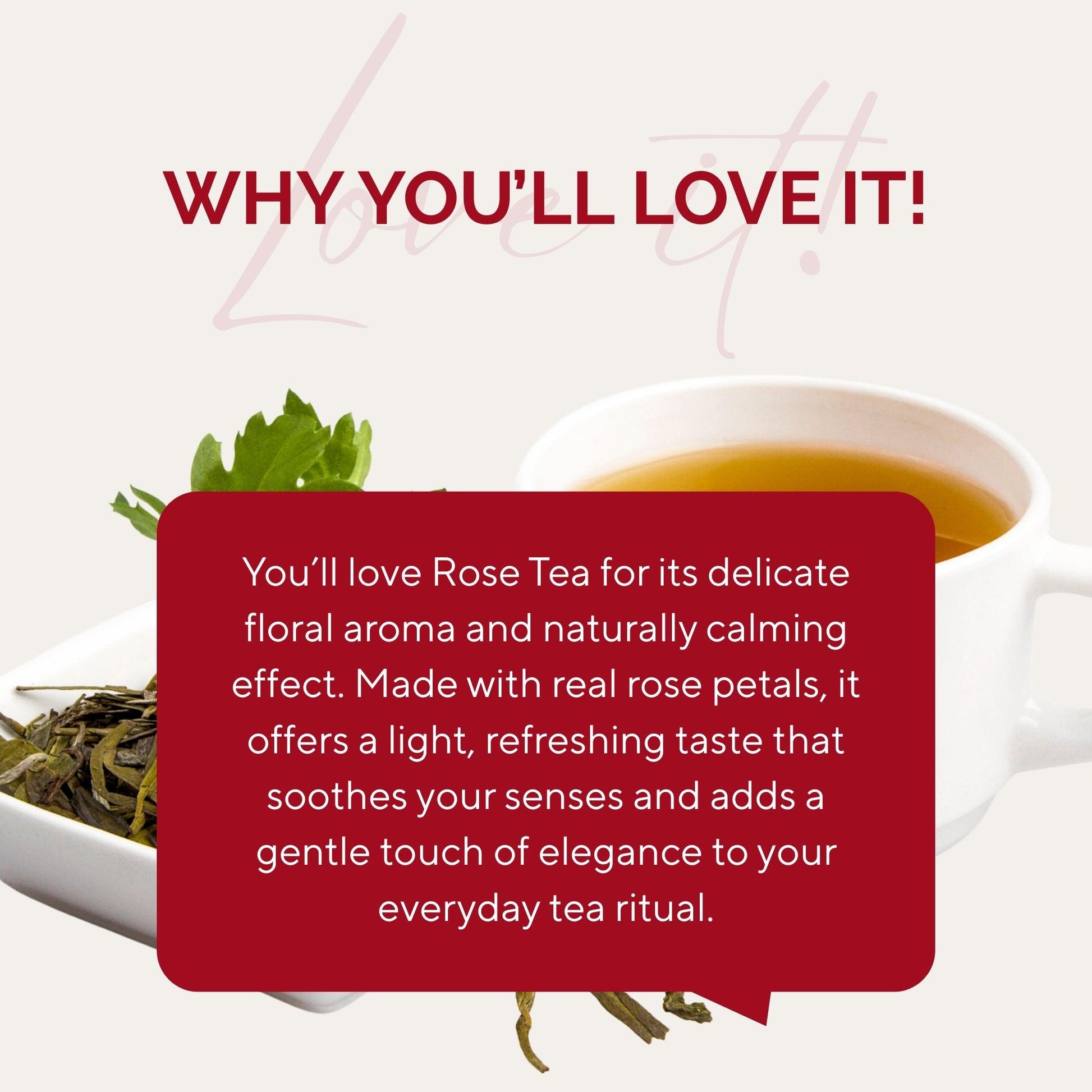 Cup of rose tea with fresh rose petals on a white plate to buy premium rose tea online
