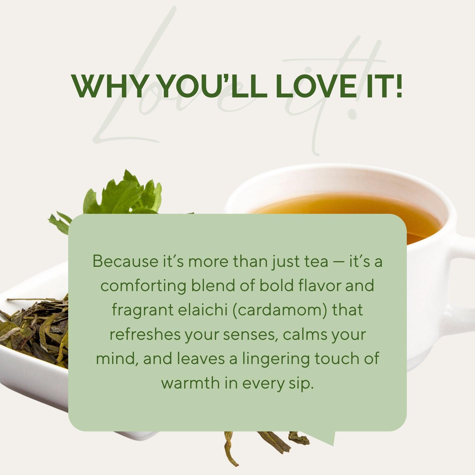 Cup of elaichi tea with loose tea leaves and fresh cardamom on white plate by Teanatic