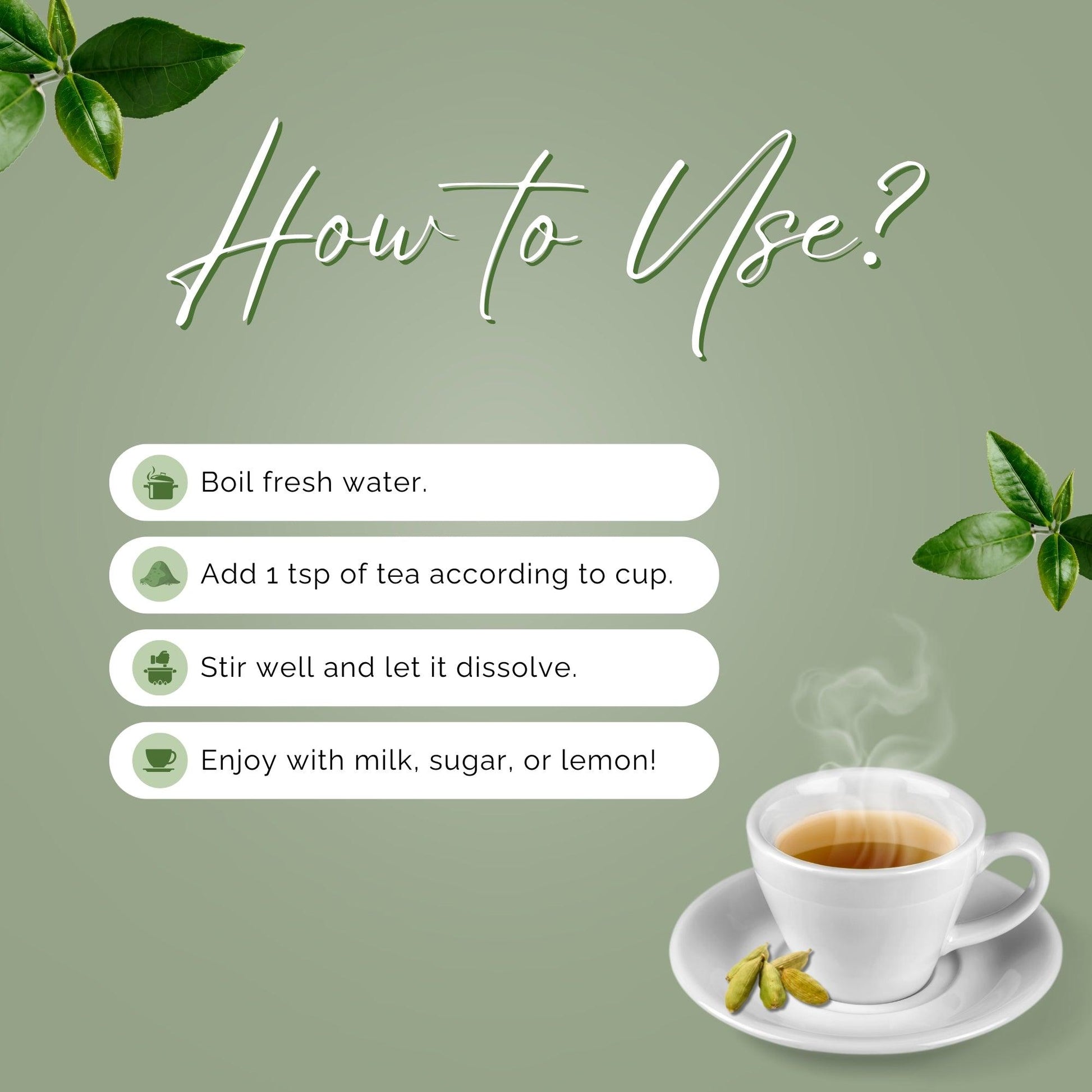 How to use elaichi tea instructions with steaming cup of tea and cardamom pods on white saucer