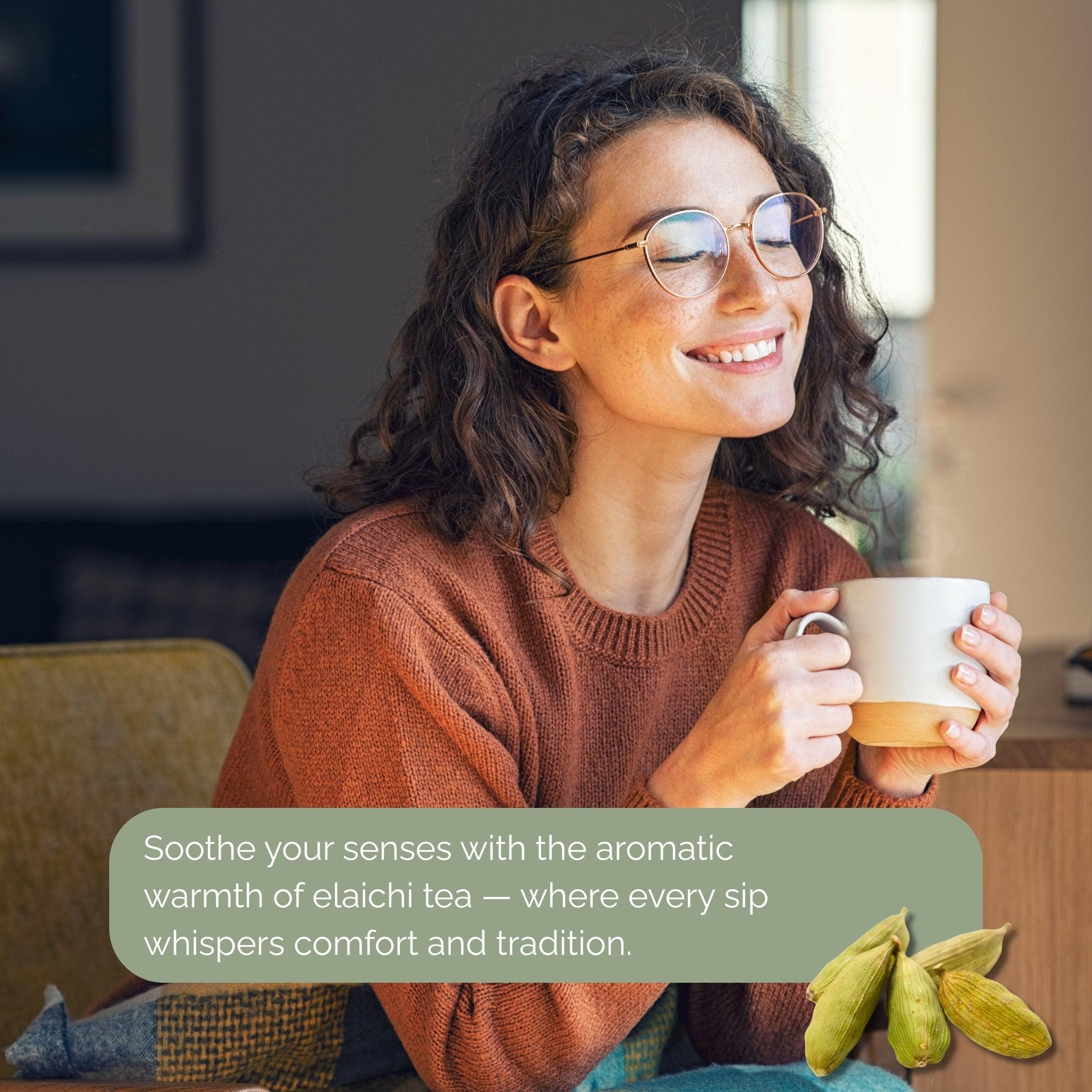 Smiling woman enjoying a warm cup of elaichi tea with cardamom pods nearby for aromatic comfort