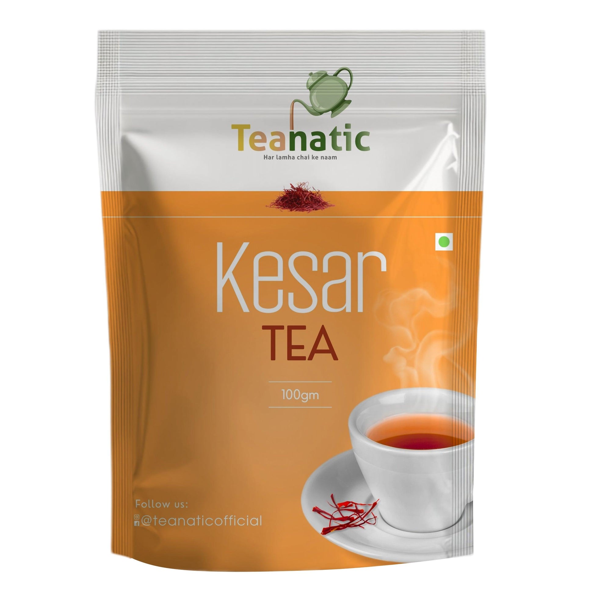 Teanatic Kesar saffron tea 100gm pack with steaming cup and saffron strands on saucer