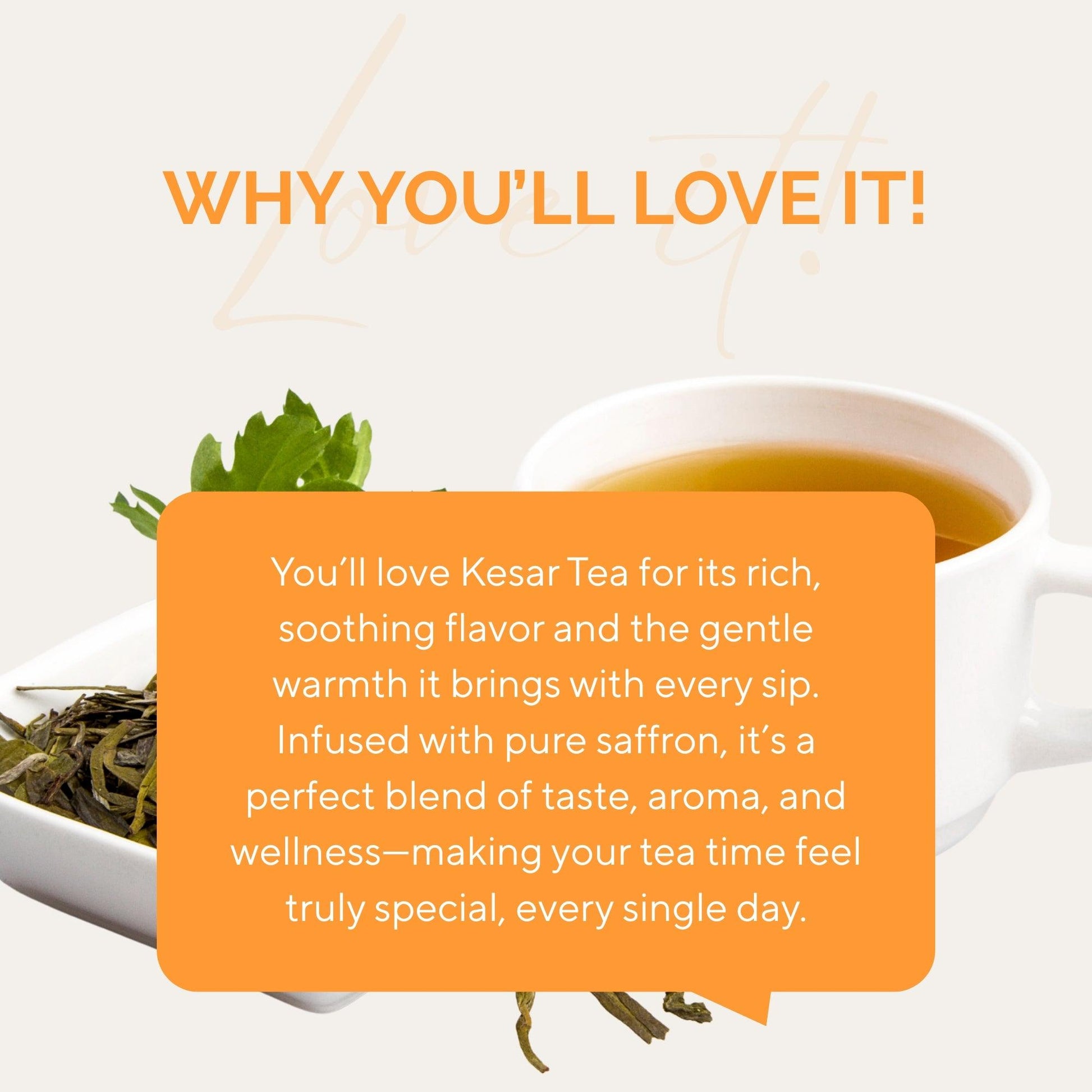 Teanatic kesar saffron tea with white cup of brewed tea and loose leaves on plate